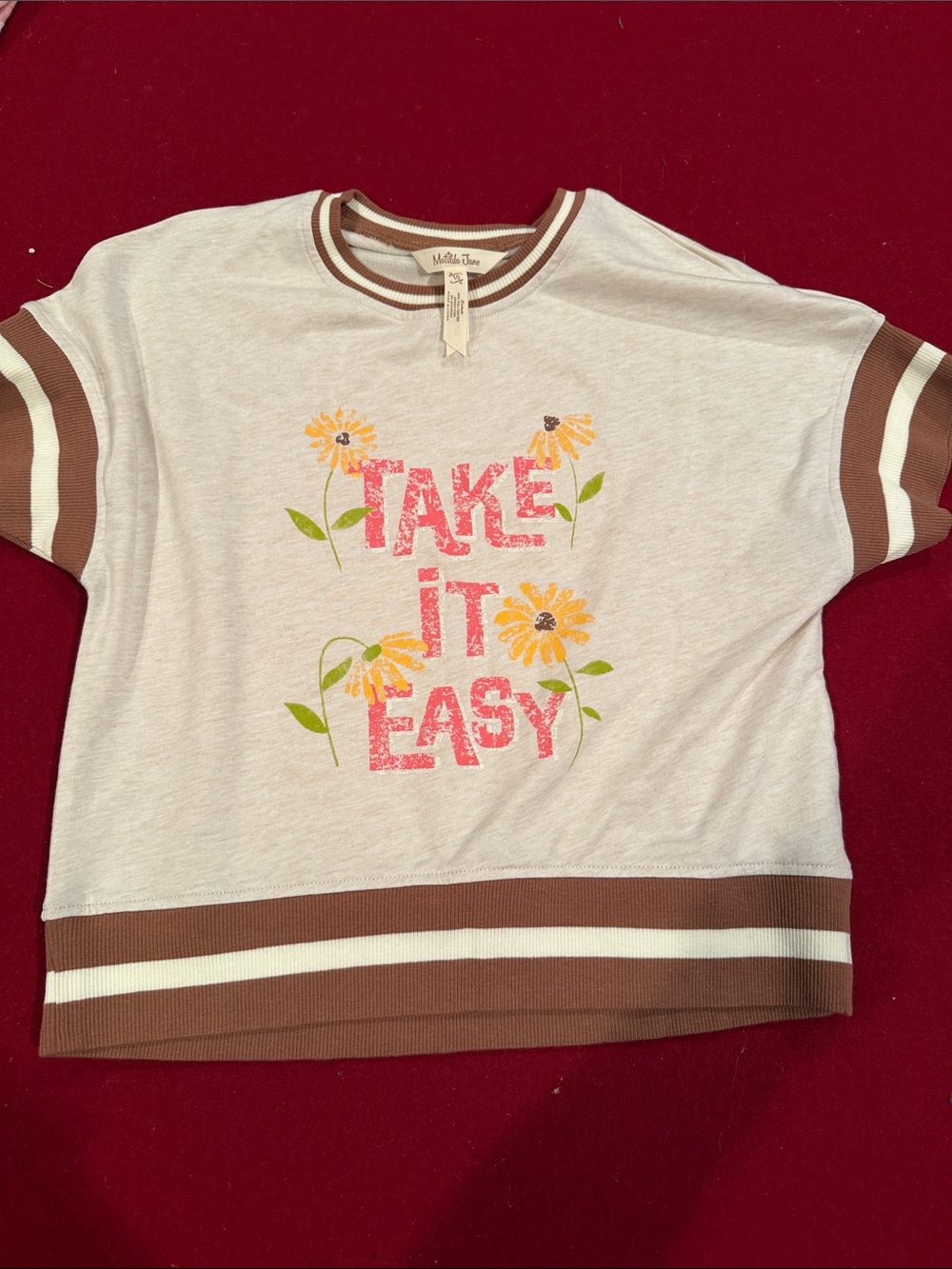 Matilda Jane Cream Tee with Brown Trim and Pink Graphic